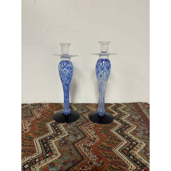 Vintage 1970 Murano Handblown Hand Blown Glass Candle Sticks Gradient Blue Large